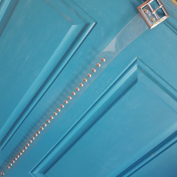 Metal Studded Clear Plastic Belt Silver Grommets Rivets Extra Long Neutral Tone - Picture 8 of 8